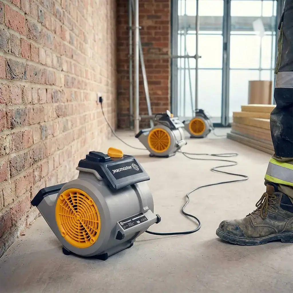 Vacmaster Air Mover 240V Hire London 5 Multiple Vacmaster air movers lined up for site drying setup