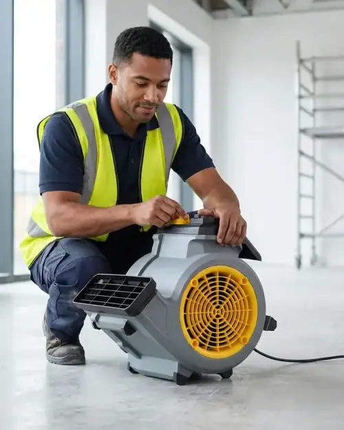 Vacmaster air mover in use drying a room at floor level
