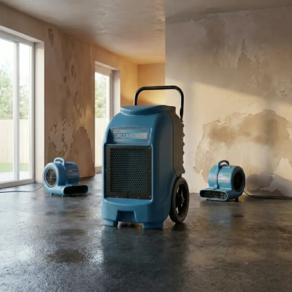 Water Damage Drying Package Hire London | Dehumidifier & Twin Air Movers Bundle Kit 2 Industrial dehumidifier drying package set up at a London property for moisture and humidity control hire