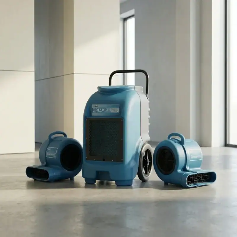How Many Dehumidifiers Do I Need? A Practical Sizing Guide by Room and Job Type 9 Dehumidifier and air mover bundle in use for drying a flood-affected property hire London