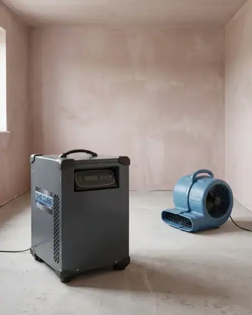 Dehumidifier and air mover drying package in operation for water damage restoration hire London