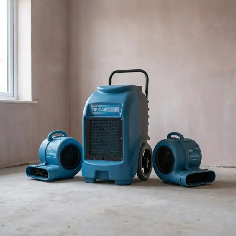 What Size Dehumidifier Do I Need for a Damp Room or Flood Drying Job? 30 Dehumidifier with two air movers drying package set up for water damage restoration hire London