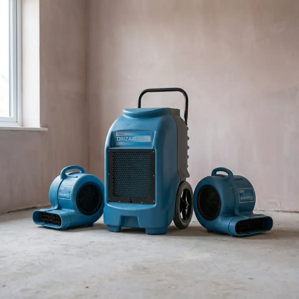 Water Damage Drying Package Hire London | Dehumidifier & Twin Air Movers Bundle Kit 5 Dehumidifier with two air movers drying package set up for water damage restoration hire London