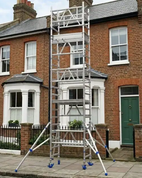 MiTower Scaffold Tower Hire 12 mi tower assembled shopfront blue stabilisers
