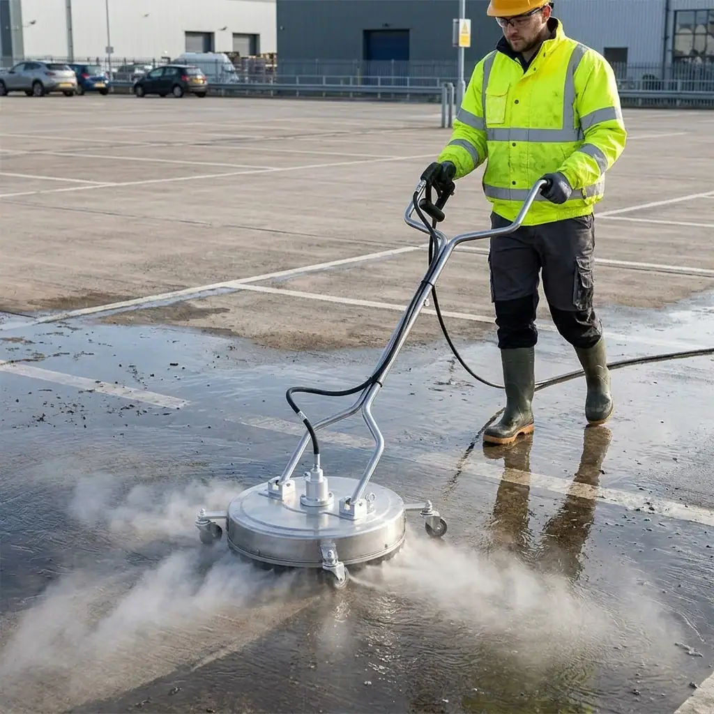 Pressure Washer Surface Cleaner Hire London | Patio & Driveway Cleaning 8 Pressure washer surface cleaner in use inside a covered car park for commercial cleaning hire London