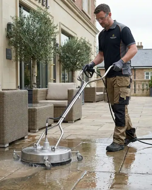 Pressure Washer Surface Cleaner Hire London | Patio & Driveway Cleaning 17 Surface cleaner attachment at a commercial entrance for professional jet washing hire in London