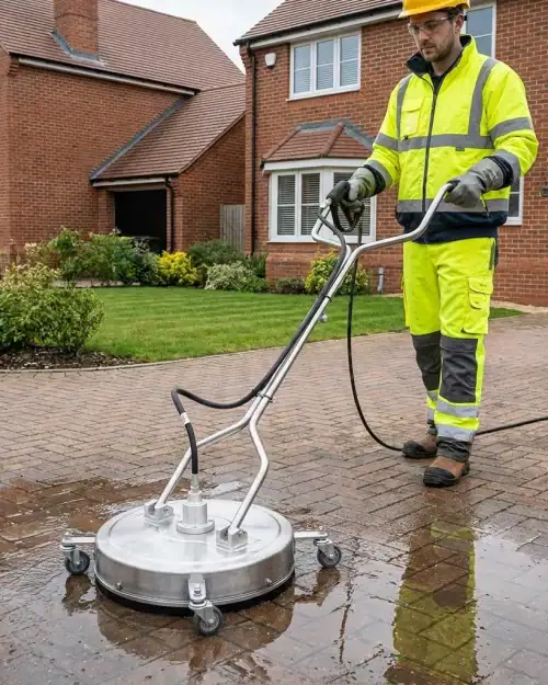 Pressure washer surface cleaner in use on a stone patio for hard surface jet washing hire London