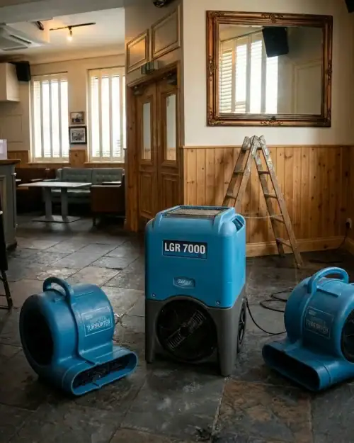 Two air movers and dehumidifier drying package inside a pub for flood recovery hire London