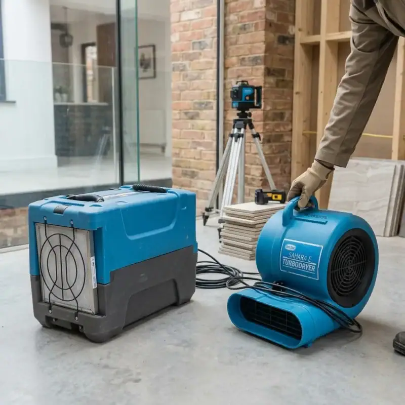 Dehumidifier and air mover set up to dry fresh plaster during a renovation