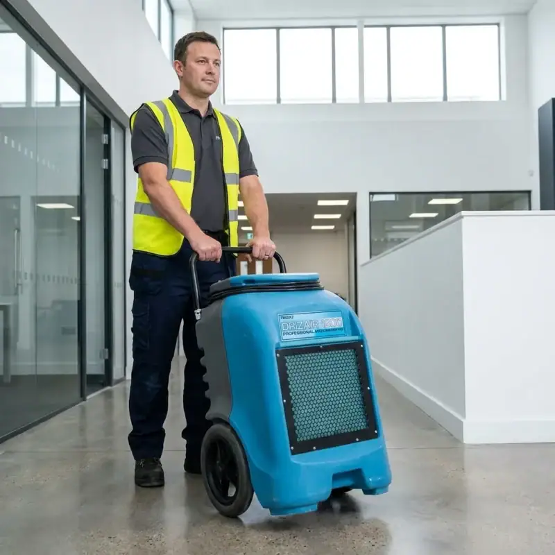 Technician moving an industrial dehumidifier into a newly built space