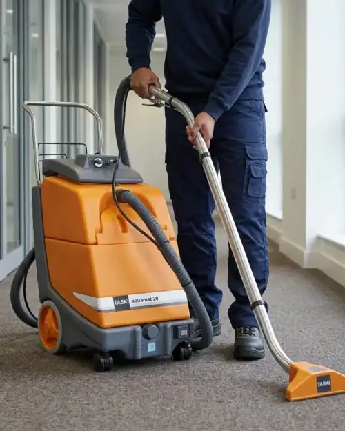 Cleaner using a TASKI aquamat 20 spray extractor along an office corridor carpet