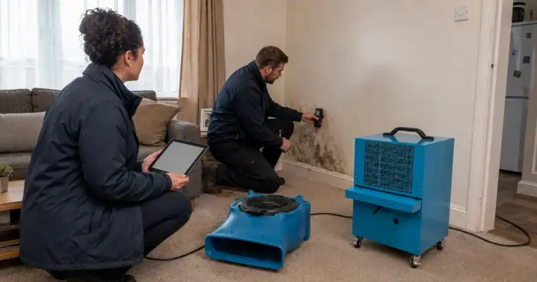 Housing officer with a tablet and a technician taking a moisture reading on a black mould patch in a tenant living room, with a dehumidifier and air mover set up