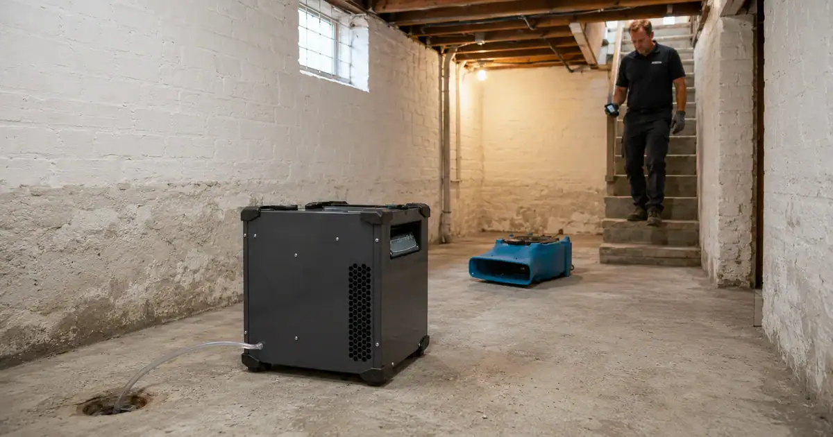 How to Dry Out a Basement or Cellar (What Actually Works) 1 Industrial dehumidifier draining to a floor gully with an air mover running in a whitewashed brick cellar as a technician comes down the stairs