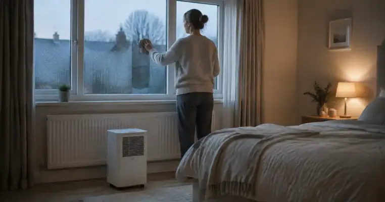 Woman wiping condensation from a bedroom window at dawn with a dehumidifier running under the radiator