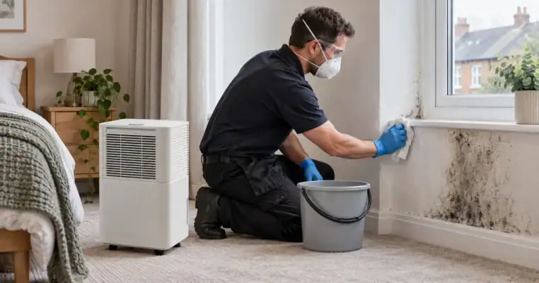 Technician in a mask, goggles and gloves wiping black mould from a bedroom wall and window reveal with a cloth and bucket, while a dehumidifier runs beside the bed