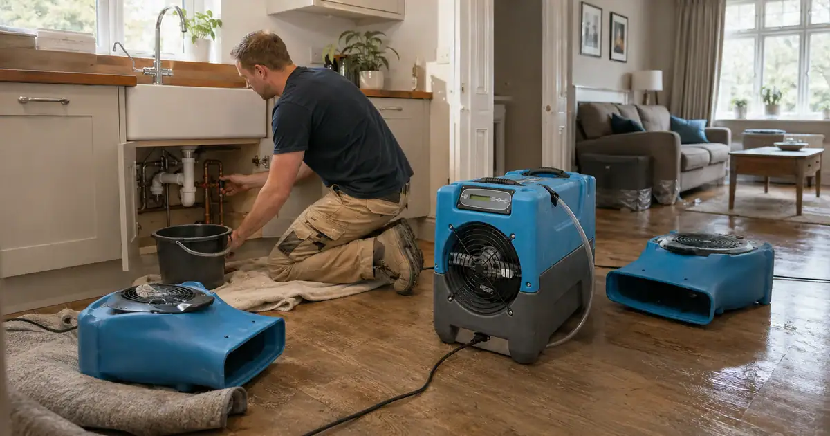 Burst Pipe? What to Do in the First 24 Hours 1 Plumber working on a burst pipe under a kitchen sink with an industrial dehumidifier and two air movers drying the wet wood floor behind him