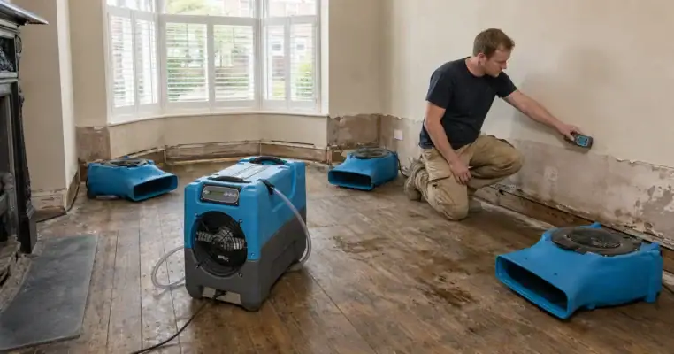 Technician taking a moisture reading on a stripped wall in a flood damaged Victorian room with an LGR dehumidifier and three air movers running on bare floorboards