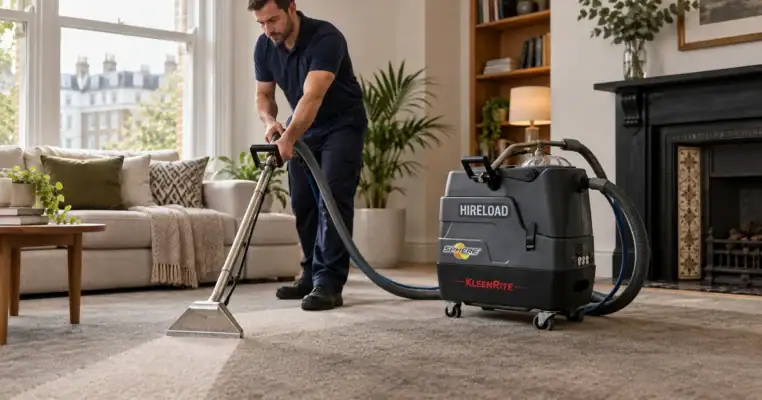 Cleaning technician pulling an extraction wand across the carpet of a period London living room with a professional hot water extraction machine behind him