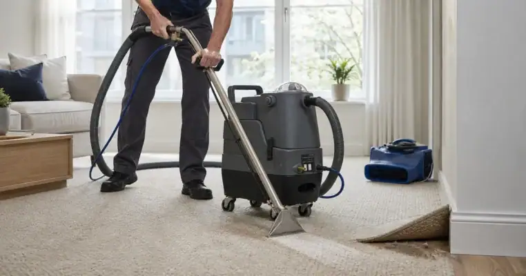 Technician using a hot water carpet extractor in a living room with an air mover drying the carpet behind