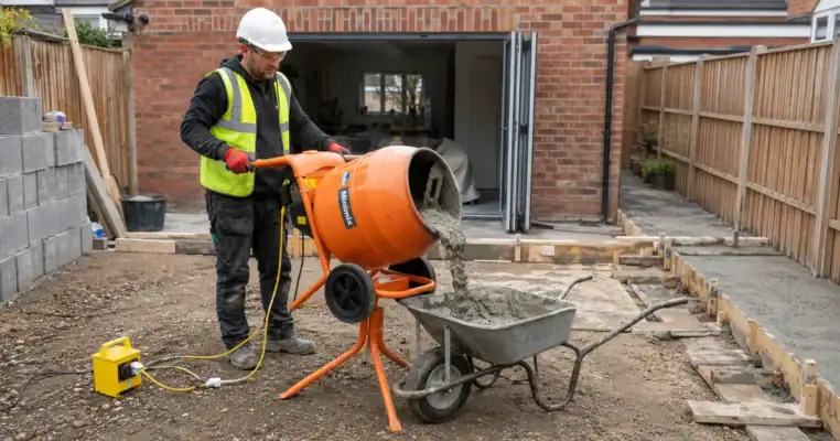 Builder pouring concrete from a Minimix cement mixer into a wheelbarrow beside a foundation shutter on a London driveway