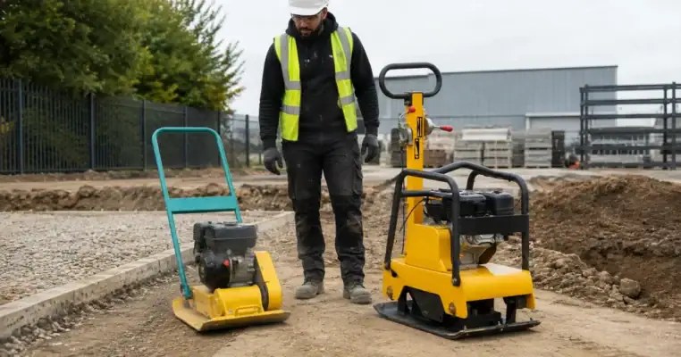 Landscaper compacting an MOT Type 1 sub-base for a new patio with a petrol wacker plate, raked stone and a rake in the foreground