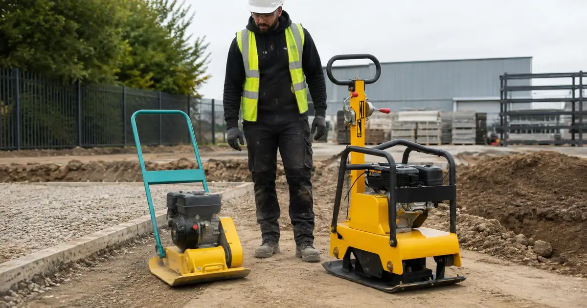 How to Compact a Sub-Base for a Patio or Driveway (MOT Type 1) 1 Landscaper compacting an MOT Type 1 sub-base for a new patio with a petrol wacker plate, raked stone and a rake in the foreground