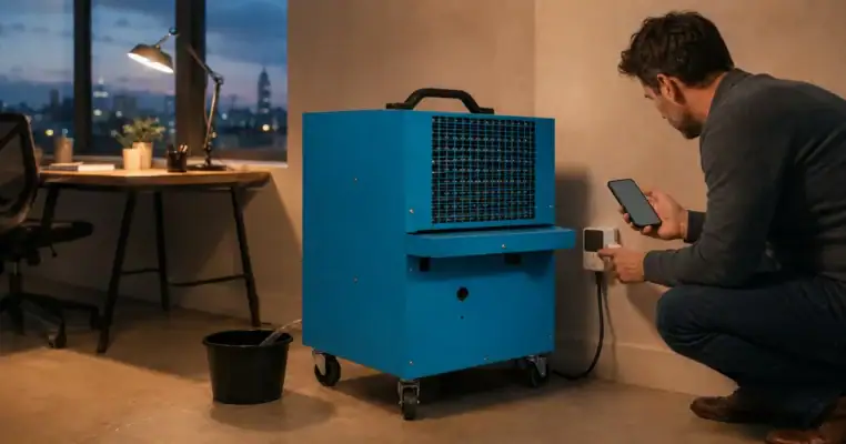 Man checking energy use on his phone at a smart plug metering an industrial dehumidifier that is draining to a bucket in an office at dusk
