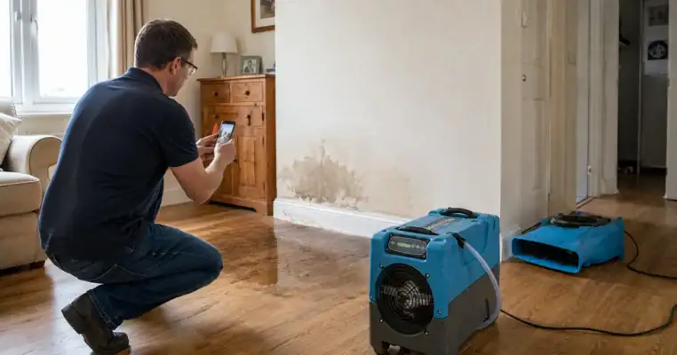 Homeowner photographing a tide mark of damp on a wall for an insurance claim with a dehumidifier and air mover running on the wet floor