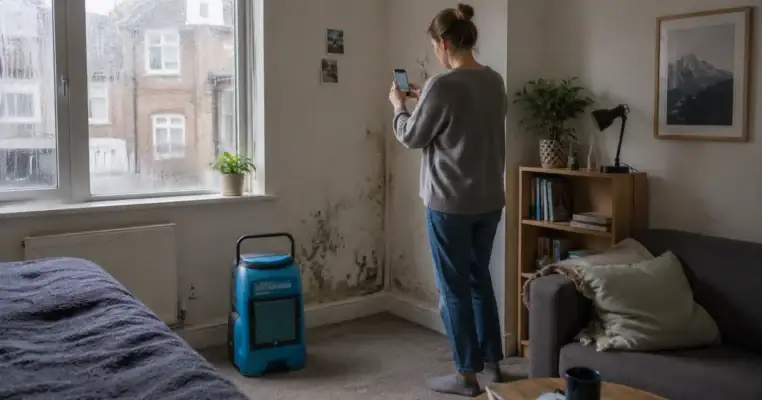 Tenant photographing black mould in the corner of a damp bedroom with a DrizAir 1200 dehumidifier running by the radiator