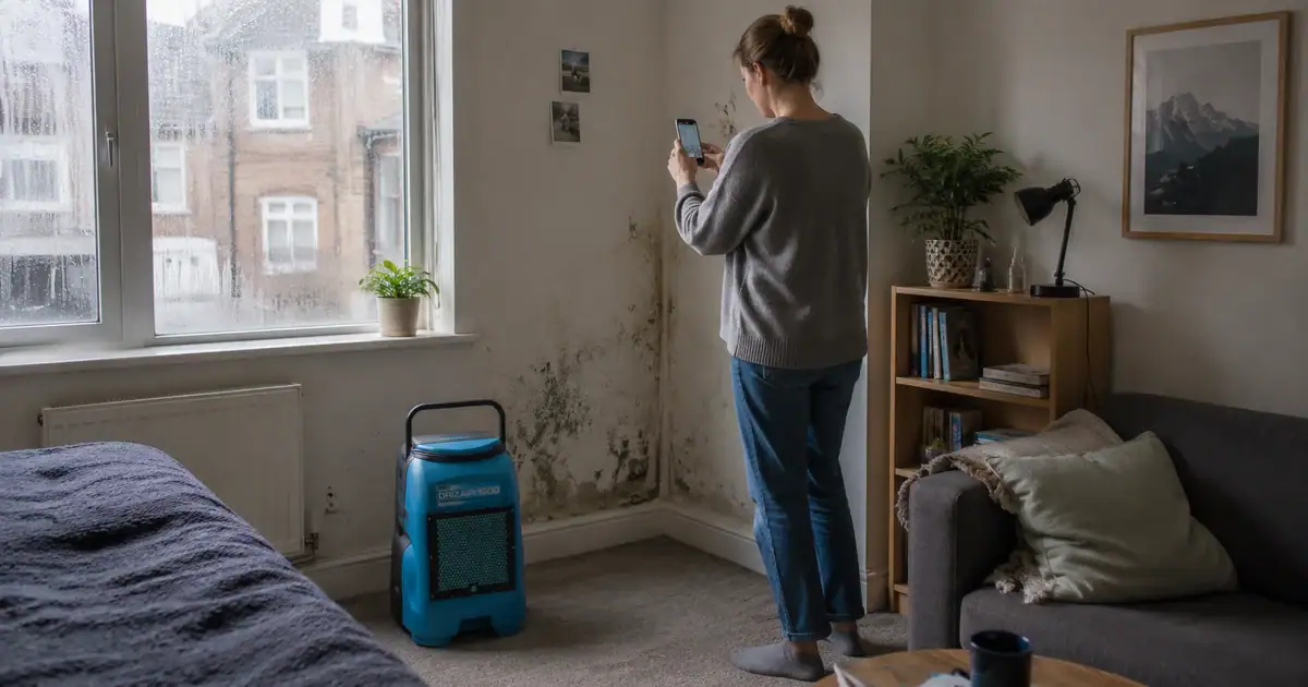 Damp in a Rented Property? Your Rights and What to Do Right Now 1 Tenant photographing black mould in the corner of a damp bedroom with a DrizAir 1200 dehumidifier running by the radiator