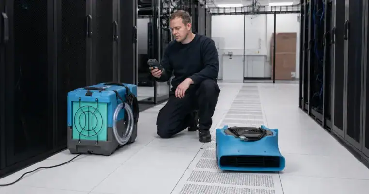 Engineer taking a dew point reading beside an LGR dehumidifier and an air mover in a data centre cold aisle in London