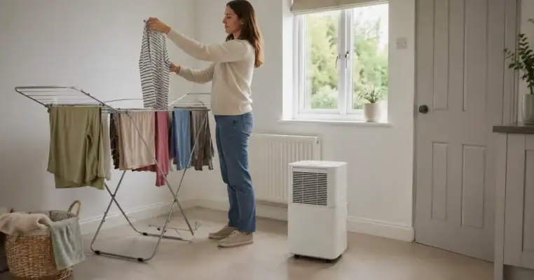Woman hanging washing on an indoor airer in a utility room with a domestic dehumidifier running beside the radiator