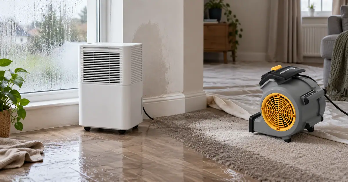 Dehumidifier vs Air Mover: What Drying Equipment Do You Actually Need? 1 A domestic dehumidifier standing by a condensation covered window and an air mover blowing across a wet carpet edge in the same living room