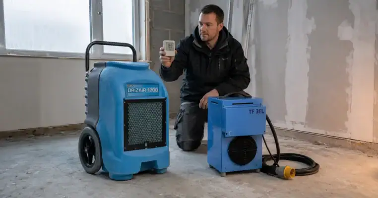 DrizAir 1200 dehumidifier and a 3kW electric heater running together in a cold unheated building shell