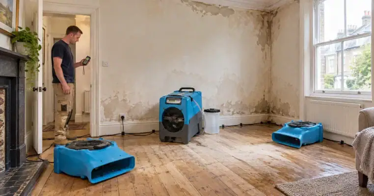 Technician reading a hygrometer in a damp stained living room with an LGR dehumidifier draining to a container and two air movers set at opposite corners
