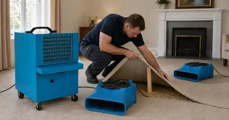 Technician lifting a carpet corner over a wooden block to float it, with a dehumidifier and two air movers drying the underlay beneath