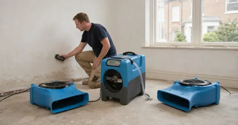 Technician taking a moisture reading in a stripped room with an LGR dehumidifier draining to a floor gully and two air movers positioned along the wall
