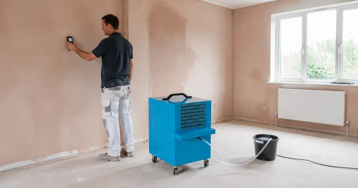 Drying New Plaster: Should You Hire a Dehumidifier? 1 Plasterer checking freshly plastered walls with a moisture meter while a hired dehumidifier drains into a bucket in the middle of the room