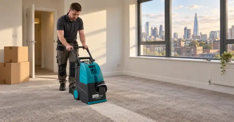 Cleaner running a compact carpet cleaner across the carpet of an empty London flat with moving boxes by the door and the keys on the windowsill
