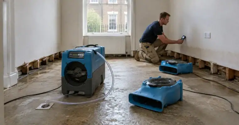 Technician taking a moisture reading in a flood damaged room with an industrial dehumidifier draining to a floor gully and two air movers running