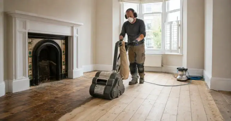 Decorator sanding original pine floorboards with a drum floor sander in a period London living room, edging sander waiting by the bay window