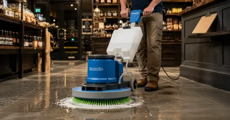 Rotary floor scrubber working a soapy pass across a polished tiled shop floor with the operator behind the handles
