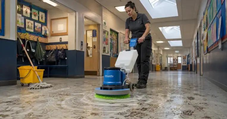 Cleaner running a rotary floor scrubber along a school corridor with a mop and yellow bucket standing unused beside her