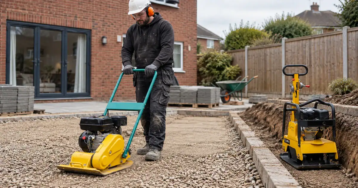 Forward vs Reversible Plate Compactor: Which Do You Need? 1 Operative compacting a gravel driveway sub-base with a forward plate compactor while a larger reversible plate compactor stands ready on the kerb line behind him