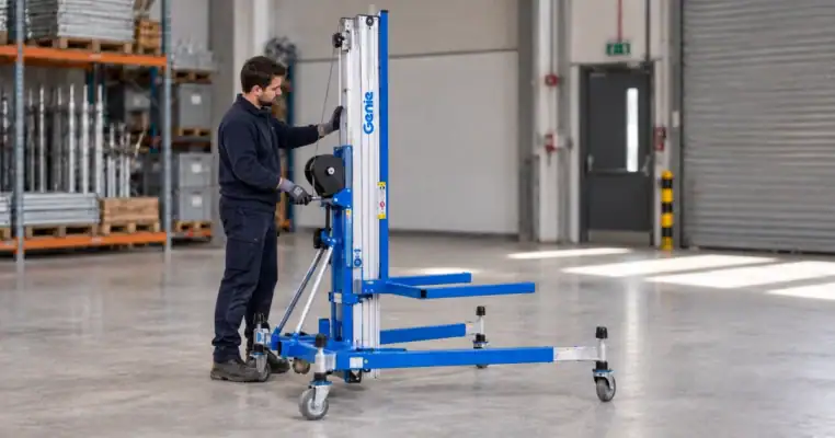 Operative winding up the mast of a Genie material lift with its outriggers deployed on a warehouse floor, racking and stacked scaffold sections behind him