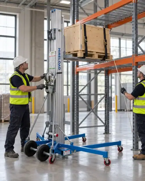 Genie material lift lifting a wooden crate onto warehouse pallet racking