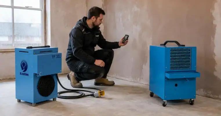 Site engineer holding a hygrometer between a 3kW electric heater and an industrial dehumidifier in a cold bare plaster room