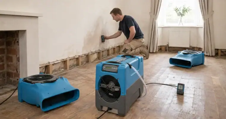 Technician taking a wall moisture reading in a stripped room with an LGR dehumidifier, two air movers and a hygrometer reading 48.7 percent on the floorboards