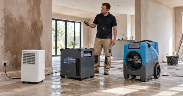 Site engineer holding a hygrometer beside three dehumidifiers of increasing size lined up on the damp floor of a bare plaster room