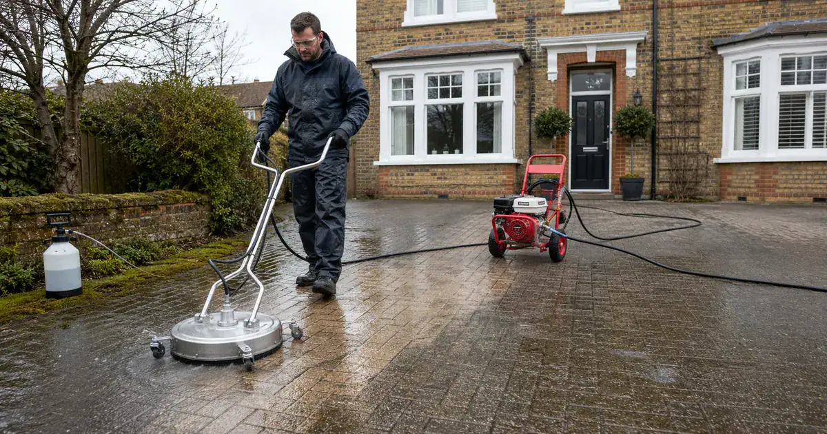 How to Clean Your Driveway — Pressure Washer, Chemicals, or Both? 1 Man cleaning a block paved driveway with a rotary surface cleaner fed by a petrol pressure washer, with a chemical detergent sprayer standing on the grass